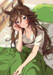  1girl ahoge animal_ears bed blanket blurry blurry_background blush breasts brown_hair buttons cleavage feet_out_of_frame green_eyes hair_between_eyes head_tilt horse_ears indoors long_hair looking_at_viewer misu_kasumi mr._c.b._(umamusume) on_bed open_mouth pillow shirt short_sleeves sitting small_breasts solo umamusume waking_up white_shirt 