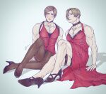  2boys ada_wong ada_wong_(cosplay) an_chovy anger_vein animal_print bare_shoulders biceps blue_eyes blush brown_hair butterfly_print collar cosplay crossdressing curtained_hair dress dual_persona high_heels highres leg_holster leon_s._kennedy multiple_boys muscular muscular_male pantyhose pectoral_cleavage pectorals red_dress resident_evil resident_evil_2 resident_evil_2_(remake) resident_evil_4 resident_evil_4_(remake) sitting 