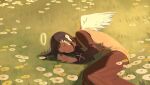  1girl absurdres angel brown_hair brown_skirt brown_sweater closed_eyes closed_mouth commentary_request facing_viewer feathered_wings flower haibane_renmei halo highres long_hair long_sleeves lu_yu_(luyu0631) lying on_grass on_side outdoors reki_(haibane) skirt sleeping solo sweater white_flower white_wings wings yellow_flower 