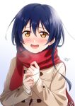  1girl blue_hair brown_coat coat haruharo_(haruharo_7315) highres long_hair long_sleeves looking_at_viewer love_live! open_mouth orange_eyes red_scarf scarf smile solo sonoda_umi white_background winter_clothes winter_coat 