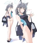  1girl ass back_cutout bag black_footwear blue_archive blush breasts clothing_cutout competition_swimsuit duffel_bag full_body grey_hair groin halo hayashi_kewi heart highres light_smile looking_at_viewer looking_back medium_breasts multiple_views nape one-piece_swimsuit ponytail sandals shiroko_(blue_archive) shiroko_(swimsuit)_(blue_archive) simple_background swimsuit white_background 