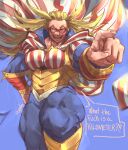  1girl addy_(@vegeebs) american_flag american_flag_print blonde_hair blue_background bodysuit boku_no_hero_academia breasts cape commentary english_text fingernails flag_print hand_on_own_hip highres long_hair muscular muscular_female open_mouth orange_eyes pointing smile solo speech_bubble star_and_stripe_(boku_no_hero_academia) striped_bodysuit striped_cape symbol-only_commentary thick_thighs thighs 