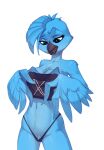  anthro avian beak bird blue_body blue_feathers blue_hair breasts chest_tuft cleavage clothed clothing crotch_tuft eyelashes feathered_wings feathers female hair hi_res meme shirt simple_background solo thong topwear tuft tweetfur twitter underwear vistamage white_background winged_arms wings 