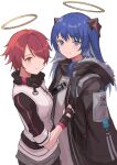  2girls arknights blue_eyes blue_hair blush exusiai_(arknights) fingerless_gloves gloves hair_over_one_eye halo horns jacket mostima_(arknights) multiple_girls open_clothes open_jacket red_eyes red_hair simple_background smile touchika white_background 