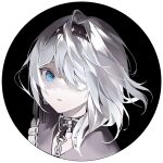  belt_collar black_background black_hairband black_ribbon black_survival blue_eyes chain collar dress eternal_return:_black_survival eyepatch floating_hair grey_dress hairband ixerx medical_eyepatch parted_lips portrait ribbon round_image sissela_kyle white_hair 