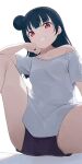  1girl bare_arms bare_legs black_hair blunt_bangs boyshort_panties collarbone commentary_request grin hair_bun highres hiroki_(yyqw7151) long_hair looking_at_viewer love_live! love_live!_sunshine!! off_shoulder red_eyes shirt single_bare_shoulder single_side_bun sitting smile solo t-shirt tsushima_yoshiko white_shirt 