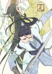  2boys back-to-back black_hair blue_eyes blue_sash bracer braid chinese_clothes chinese_hairpin facing_away green_eyes green_ribbon green_robe hair_bun hair_ribbon hand_fan high_ponytail highres holding holding_fan holding_sword holding_weapon layered_clothes leaf light_smile liu_qingge long_hair long_sleeves looking_back male_focus mole multiple_boys ponytail ren_zhafan_paijizu_xitong ribbon robe sakuramochi1003 sash serious shen_qingqiu smile sword weapon 