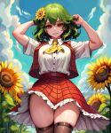  1girl absurdres arm_behind_head ascot black_thighhighs buttons cloud collared_shirt commentary_request cowboy_shot field flower flower_field frilled_skirt frills green_hair hair_flower hair_ornament highres holding_own_hair kazami_yuuka open_clothes open_vest outdoors pigsir13152 plaid plaid_skirt plaid_vest red_eyes red_skirt red_vest shirt short_hair short_sleeves skirt skirt_set sky smile solo standing sunflower sunflower_hair_ornament thick_thighs thighhighs thighs touhou vest white_shirt yellow_ascot 