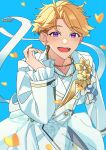  1boy absurdres blonde_hair blue_background blush buttons commentary earrings ensemble_stars! fang flower gold_necklace hand_up heidbd highres jewelry lapels long_sleeves looking_at_viewer male_focus narukami_arashi necklace notched_lapels open_mouth purple_eyes short_hair single_earring solo teeth upper_body upper_teeth_only 