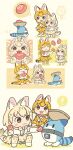  ! 2girls :3 animal_ears blonde_hair blush bow bowl bowtie brown_eyes chibi clock closed_eyes commentary_request eating elbow_gloves extra_ears food full_body giving_food gloves highres holding holding_food japari_bun kemono_friends kemono_friends_3 kuro_shiro_(kuro96siro46) looking_at_another lucky_beast_(kemono_friends) multicolored_hair multiple_girls multiple_views open_mouth orange_bow orange_bowtie print_bow print_bowtie print_gloves print_skirt serval_(kemono_friends) serval_print sharing_food shirt short_hair sitting skirt sleeveless sleeveless_shirt smile speech_bubble standing tail walking white_serval_(kemono_friends) white_shirt yellow_gloves yellow_skirt 