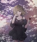  1girl alcohol black_dress black_shorts cloud collarbone cowboy_shot cup dress food food_on_face green_eyes highres holding holding_cup idolmaster idolmaster_cinderella_girls looking_at_viewer nadu_(foo201) outdoors shorts single_bare_shoulder solo takagaki_kaede wine 