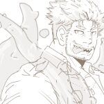  1boy bara beard collared_shirt dagon_(housamo) facial_hair greyscale highres jewelry long_sideburns male_focus mature_male monochrome muscular muscular_male necklace sharp_teeth shirt short_hair sideburns simple_background smile solo stubble teeth tentacles tokyo_afterschool_summoners tongue tongue_out upper_body white_background wood_(xkw_ma) 