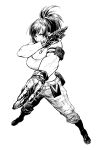  1girl absurdres armlet bare_shoulders belt breasts cirenk clenched_hands dog_tags gloves highres leona_heidern looking_at_viewer monochrome muscular muscular_female pants ponytail simple_background solo tank_top the_king_of_fighters the_king_of_fighters_xv toned white_background 