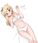  1girl absurdres blonde_hair blunt_bangs breasts dated feet_out_of_frame hair_flaps hair_ornament hair_ribbon hairclip highres kantai_collection long_hair lying maru_(marg0613) medium_breasts navel one-hour_drawing_challenge red_eyes ribbon solo twitter_username underwear underwear_only yuudachi_(kancolle) yuudachi_kai_ni_(kancolle) 