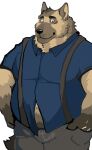  2023 anthro belly black_nose bottomwear brown_body brown_fur canid canine canis clothing domestic_dog fuddyblog fur hi_res kemono male mammal overweight overweight_male pants shirt simple_background solo suspenders topwear white_background 