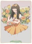  1girl bow closed_eyes copyright_name devotion dress du_meishin flower hair_bow long_hair long_sleeves origami paper_crane pinafore_dress shirt sleeveless sleeveless_dress tulip vivicompound white_shirt yellow_bow yellow_dress yellow_flower yellow_tulip 