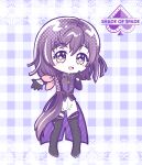  1girl artist_request chibi cosplay dress english_text highres idolmaster long_hair looking_at_viewer open_mouth ponytail purple_hair smile solo symbol-shaped_pupils tokyo_ravens tsuchimikado_natsume very_long_hair yellow_eyes zettai_ryouiki 