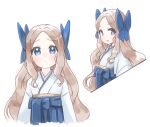  1girl aki_inu asakaze_(kancolle) blue_bow blue_eyes blue_hakama blush bow closed_mouth hair_bow hakama japanese_clothes kantai_collection kimono light_brown_hair long_hair meiji_schoolgirl_uniform multiple_views parted_lips simple_background wavy_hair white_background 