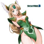  1girl armor arms_behind_back ass_visible_through_thighs blonde_hair breasts cleavage covered_navel dress forehead_jewel green_eyes green_panties groin helmet highres long_hair minamoto80486 open_mouth panties panty_peek pauldrons riesz seiken_densetsu seiken_densetsu_3 short_dress shoulder_armor smile solo strapless strapless_dress thighs underwear winged_helmet 