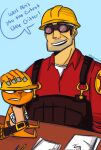  &lt;3 amputee anthro armor bandage bandaged_arm beaver beaver_tail belt belt_buckle blue_background clothing colored crossover disability duo engineer_(team_fortress_2) eyewear frown frowning_at_partner fur furniture gloves goggles hand_on_head handless handwear handy_(htf) happy_tree_friends hard_hat headgear heart_nose helmet human larger_human light_belly looking_at_another looking_at_partner male mammal missing_arm orange_body orange_fur overalls paper pencil_(object) red_clothing red_shirt red_topwear rodent shino-love-bug248 shirt signature simple_background sitting size_difference smaller_anthro smile stern_look table team_fortress_2 tool_belt tools topwear valve yellow_helmet 