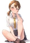  1girl absurdres b1ack_illust bare_legs black_skirt blush breasts brown_hair futami_ami hand_on_own_cheek hand_on_own_face highres idolmaster idolmaster_million_live! knees_up looking_at_viewer medium_breasts necktie official_alternate_hairstyle shirt short_sleeves side_ponytail simple_background sitting skirt smile solo white_background white_shirt yellow_necktie 