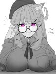  1girl animal_ears arknights beret blush breasts character_name dated dokonjou_(odossan) glasses hat highres jacket large_breasts long_hair long_sleeves looking_at_viewer official_alternate_costume purple_eyes slit_pupils smile solo utage_(arknights) white_background 
