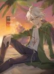  1boy beach black_pants closed_mouth cloud coat danganronpa_(series) danganronpa_2:_goodbye_despair dated evening green_coat green_eyes hair_between_eyes happy_birthday highres hood hooded_coat komaeda_nagito long_sleeves looking_at_viewer male_focus open_clothes open_coat outdoors palm_tree pants sand shirt sitting sky solo tree water white_hair white_shirt zaso 