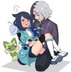  1boy 1girl @_@ amethio_(pokemon) black_gloves black_hair black_shorts coat collared_shirt commentary_request cowlick gloves green_coat hair_ornament hairclip hatenna highres holding holding_pokemon kneehighs liko_(pokemon) nm222 open_clothes open_coat open_mouth pants pokemon pokemon_(anime) pokemon_(creature) pokemon_horizons shirt shoes shorts socks sprigatito sweatdrop terapagos white_background white_footwear white_shirt white_socks 