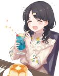  1girl ^_^ black_hair bow butter chair cherry closed_eyes cup dress drink drinking_straw fangs floral_print flying_sweatdrops food fork frilled_dress frills fruit fukumaru_koito hair_ornament hairclip happy highres holding holding_cup honey ice ice_cream ice_cube idolmaster idolmaster_shiny_colors kiri_meee knife long_hair long_sleeves open_mouth pancake plate print_dress simple_background sitting skin_fangs solo sparkle table twintails upper_body waist_bow white_background white_dress 