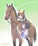  1girl 2022 animal animal_ears black_hair blue_eyes blush bob_cut bow chibi chokueji creature_and_personification ear_ornament ear_ribbon eishin_flash_(umamusume) grey_background hair_between_eyes hat highres holding holding_reins horse horse_ears horse_girl horse_tail reins school_uniform short_hair simple_background skirt smile swept_bangs tail tracen_school_uniform umamusume 