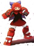 1girl black_shirt blue_bow bow commentary_request covered_mouth full_body gundam gundam_age hair_bow highres looking_at_viewer red_eyes red_hair red_skirt sekibanki shirosato shirt skirt solo standing touhou white_background 