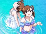  2girls absurdres bare_shoulders bead_bracelet bead_necklace beads bikini blue_ribbon blue_sleeves blush bow bracelet breasts brown_eyes brown_hair butterfly_necklace cleavage collarbone detached_sleeves dot_nose dress dress_bow floral_print from_above futami_ami futami_mami hair_bow hair_ribbon hand_up highres idolmaster idolmaster_(classic) idolmaster_million_live! idolmaster_million_live!_theater_days jewelry koubashiifuna lace-trimmed_dress lace_trim long_hair looking_at_viewer looking_up multiple_girls navel necklace open_hand open_mouth parted_lips print_sarong purple_bikini purple_sarong ribbon ripples sarong short_hair siblings side_ponytail sisters small_breasts smile swimsuit twins wading water white_bow white_dress 