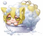  1girl animal_ear_fluff animal_ears bathing blonde_hair blush chibi closed_mouth fox_ears fox_tail fumo_(doll) highres in_container jitome multiple_tails short_hair simple_background soap_bubbles solo tail touhou white_background yakumo_ran yakumora_n yellow_eyes 