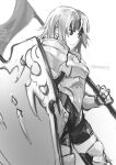  1girl ane-suisei armor facing_to_the_side fire_emblem fire_emblem:_the_binding_blade greyscale gwendolyn_(fire_emblem) headband highres holding holding_polearm holding_shield holding_weapon monochrome polearm shield solo thighhighs weapon 