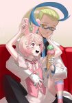  2boys absurdres agemmata ahoge animal_ears asymmetrical_hair black_pants black_shirt blonde_hair blue_bow boku_no_pico bow braid colress_(pokemon) couch double-parted_bangs glasses gloves hair_ornament highres holding_ice_cream_cone huge_ahoge ice_cream_cone lab_coat looking_at_another multiple_boys open_mouth pants parody phase_connect pink_bow pink_eyes pink_ribbon pink_shirt pink_shorts pink_vest pipkin_peter pipkin_pippa pokemon pokemon_(game) pokemon_bw2 rabbit_boy rabbit_ears rabbit_hair_ornament ribbon self-upload shirt short_hair shorts side_braid sidelocks socks spill spoon striped striped_socks vest virtual_youtuber white_gloves yaoi yellow_eyes 
