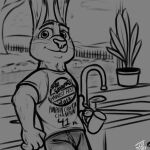  1:1 anthro beverage coffee crossgender disney english_text hi_res judy_hopps kitchen lagomorph landscape leporid male mammal monochrome muscular muscular_male plant rabbit sink solo tangerine tangerine_(artist) text whiskers zootopia 