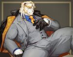  anthro astosis blonde_hair blue_eyes braided_hair bulge cape clothing felid fuguri fur gloves hair handwear lifewonders lion live_a_hero male mammal necktie pantherine solo suit white_body white_fur 