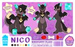  2016 anthro blep canid canine collar english_text male mammal model_sheet multiple_poses neonslushie nico_(neonslushie) plushie pose sitting solo standing text tongue tongue_out wings 