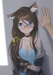  1girl 1other aina_(mao_lian) animal_ear_fluff animal_ears averting_eyes black_jacket blue_dress blue_eyes blush bracelet breasts cat_ears cleavage dress glasses hair_between_eyes highres jacket jewelry kabedon large_breasts long_hair mao_lian_(nekokao) nose_blush off-shoulder_jacket off_shoulder original over-rim_eyewear pov semi-rimless_eyewear spaghetti_strap strap_slip upper_body 