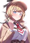  1girl absurdres blonde_hair blue_eyes blush bob_cut brown_coat brown_headwear brown_skirt coat deerstalker hat high-waist_skirt highres holding holding_magnifying_glass hololive hololive_english looking_at_viewer magnifying_glass necktie netillustrator red_necktie shirt short_hair skirt smile solo virtual_youtuber watson_amelia watson_amelia_(1st_costume) white_background white_shirt 