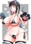  1girl animal_ears animal_hands bikini black_hair breasts cat_ears cat_tail colored_inner_hair commentary_request covered_nipples excessive_pubic_hair gloves groin huge_breasts micro_bikini mole mole_under_mouth multicolored_hair navel original paw_gloves paw_pose paw_print paw_print_background pubic_hair pubic_hair_peek purple_eyes purple_hair satsuki_imonet sidelocks skindentation solo striped striped_thighhighs swimsuit tail thighhighs thighs twintails wide_hips 
