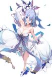  1girl :d arm_up armpits ataruman bare_legs bare_shoulders blue_eyes blue_hair braid breasts cleavage commentary_request crown_braid elbow_gloves full_body gloves granblue_fantasy hair_between_eyes highres large_breasts looking_at_viewer open_mouth simple_background single_elbow_glove smile solo sword therese_(granblue_fantasy) weapon white_background white_gloves 