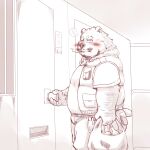  2023 absurd_res anthro bear belly blush bottomwear clothing detailed_background facial_hair furipon hi_res humanoid_hands kemono male mammal mustache overweight overweight_male pants shirt smoking solo topwear 
