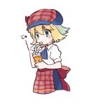  1girl amitie_(puyopuyo) apron ascot blonde_hair blue_ascot collared_shirt cropped_torso dot_nose drinking drinking_straw green_eyes ice ice_cube kashima_miyako plaid plaid_apron plaid_headwear puyopuyo puyopuyo_fever shirt short_hair simple_background solo translation_request waist_apron white_background white_shirt 