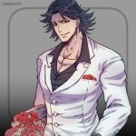  1boy black_hair bouquet commentary_request flower giga_omega grin jacket jojo_no_kimyou_na_bouken male_focus pectoral_cleavage pectorals red_eyes red_flower red_rose rose smile solo stardust_crusaders steely_dan tuxedo twitter_username white_jacket 