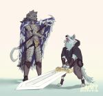  2023 3_toes 5_fingers anthro arm_wraps armor barefoot black_nose blaidd_(elden_ring) blue_eyes bodily_fluids bottomwear canid canine canis cape cloak clothed clothing dampprints death_(puss_in_boots) dreamworks duo elden_ring feet fingers fromsoftware fur grey_body grey_fur hi_res hindpaw humanoid_hands leg_wraps male mammal melee_weapon open_mouth pants paws puss_in_boots_(film) puss_in_boots_the_last_wish sickle signature size_difference standing struggling sweat sword teeth toes tongue tongue_out weapon white_body white_fur wolf wraps 