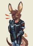  2022 5_fingers absurd_res anthro armor black_nose brown_body brown_fur brown_hair eye_scar facial_scar fenneckiro fingers fluffy fur gulonine gun hair hi_res hybrid kangaroo machine macropod male mammal marsupial marten mustelid musteline orange_eyes power_armor ra&#039;zim ranged_weapon sable_(marten) sableroo scar science_fiction shotgun tail tan_body tan_fur thigh_up weapon xcom_(franchise) zgf_gaming 