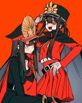  2girls cape family_crest genderswap genderswap_(mtf) gloves hair_between_eyes hat highres jacket letterman_jacket long_sleeves low_ponytail military_hat military_uniform multiple_girls oda_nobukatsu_(fate) oda_nobunaga_(fate) oda_uri open_mouth peaked_cap ponytail red_background red_cape red_eyes red_shirt red_skirt red_theme sempon_(doppio_note) shirt siblings sidelocks simple_background skirt smile uniform 