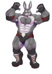  absurd_res anthro boots chest_tuft clothing digital_media_(artwork) eyebrows facial_hair fingerless_gloves footwear fur gloves goatee grey_body grey_fur handwear hi_res kerwresarts lagomorph leporid male mammal muscular muscular_anthro muscular_male pink_nose rabbit simple_background solo teeth tuft underwear white_background white_body white_eyebrows white_fur yellow_eyes 