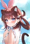  1girl absurdres animal_ears ayamy ayamy_(vtuber) bare_shoulders blue_eyes blue_sky breasts brown_hair cat_girl cat_tail closed_mouth cloud cloudy_sky earrings fingernails from_behind hair_ornament hairclip hand_up highres hololive jewelry looking_at_viewer looking_back medium_breasts outdoors scan simple_background sky sleeveless solo tail upper_body virtual_youtuber x_hair_ornament 